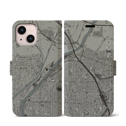 【栄生（愛知県）】地図柄iPhoneケース（手帳タイプ）モノトーン・iPhone 13 mini 用