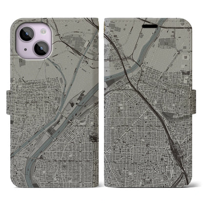 【栄生（愛知県）】地図柄iPhoneケース（手帳タイプ）モノトーン・iPhone 14 用