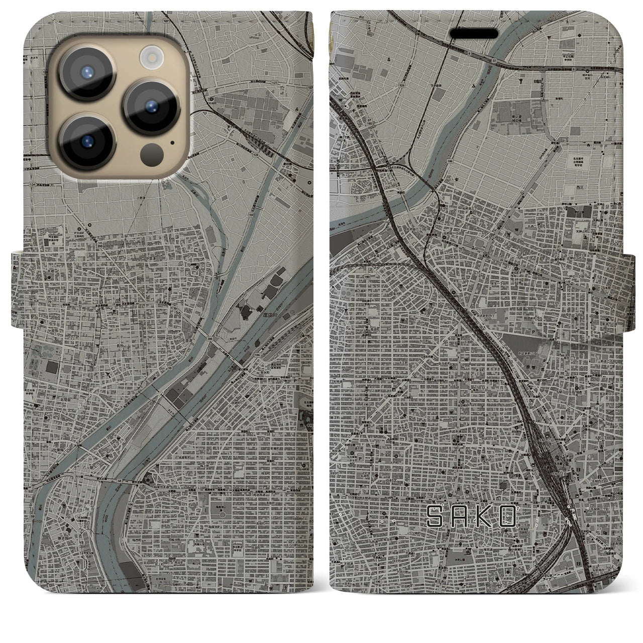 【栄生】地図柄iPhoneケース（手帳両面タイプ・モノトーン）iPhone 14 Pro Max 用