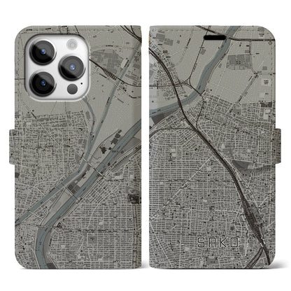 【栄生（愛知県）】地図柄iPhoneケース（手帳タイプ）モノトーン・iPhone 14 Pro 用