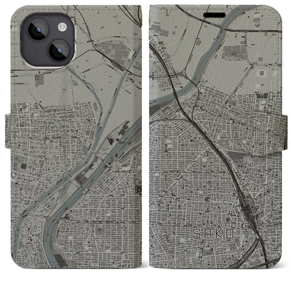 【栄生（愛知県）】地図柄iPhoneケース（手帳タイプ）モノトーン・iPhone 14 Plus 用