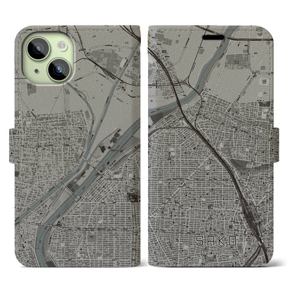 【栄生（愛知県）】地図柄iPhoneケース（手帳タイプ）モノトーン・iPhone 15 用