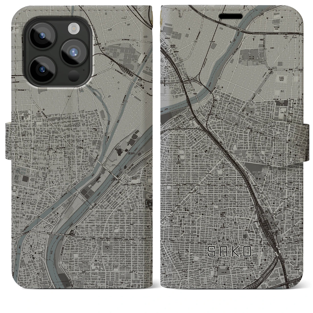 【栄生】地図柄iPhoneケース（手帳両面タイプ・モノトーン）iPhone 15 Pro Max 用
