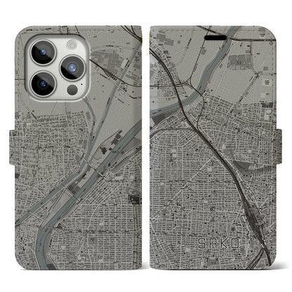 【栄生（愛知県）】地図柄iPhoneケース（手帳タイプ）モノトーン・iPhone 15 Pro 用