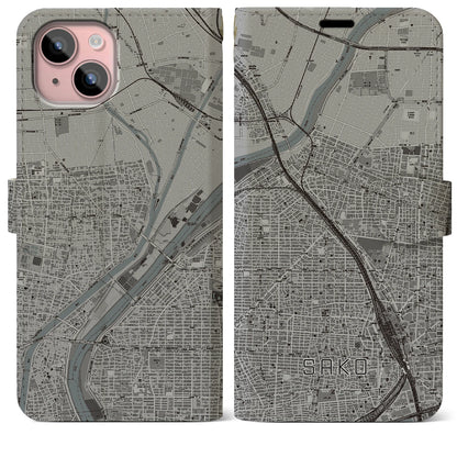 【栄生（愛知県）】地図柄iPhoneケース（手帳タイプ）モノトーン・iPhone 15 Plus 用