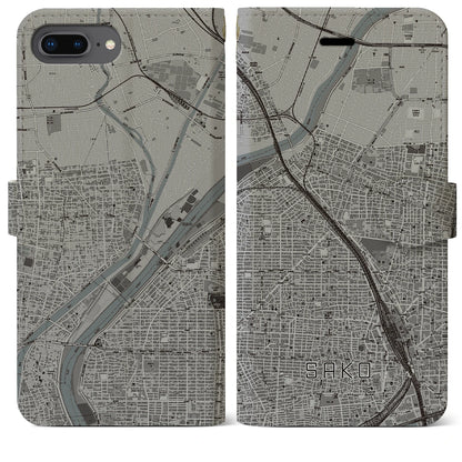 【栄生（愛知県）】地図柄iPhoneケース（手帳タイプ）モノトーン・iPhone 8Plus /7Plus / 6sPlus / 6Plus 用