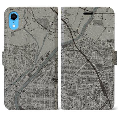 【栄生（愛知県）】地図柄iPhoneケース（手帳タイプ）モノトーン・iPhone XR 用