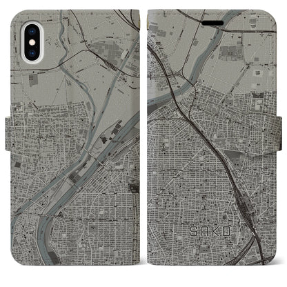 【栄生（愛知県）】地図柄iPhoneケース（手帳タイプ）モノトーン・iPhone XS Max 用
