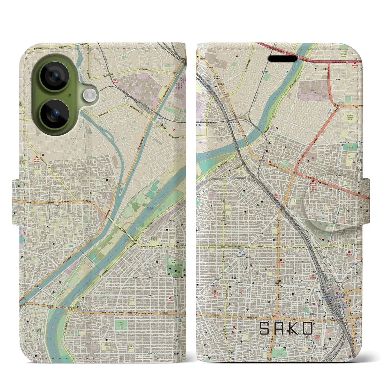 【栄生（愛知県）】地図柄iPhoneケース（手帳タイプ）ナチュラル・iPhone 17 Pro Max 用