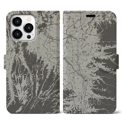 【佐久（長野県）】地図柄iPhoneケース（手帳タイプ）モノトーン・iPhone 13 Pro 用
