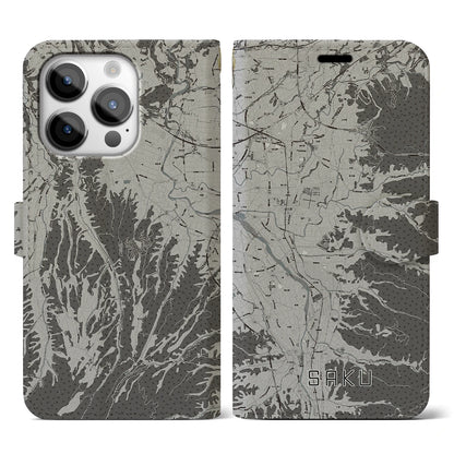 【佐久（長野県）】地図柄iPhoneケース（手帳タイプ）モノトーン・iPhone 14 Pro 用