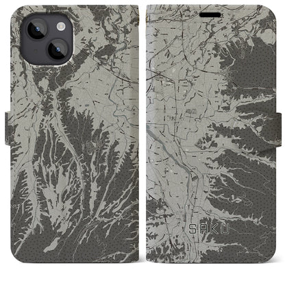 【佐久（長野県）】地図柄iPhoneケース（手帳タイプ）モノトーン・iPhone 14 Plus 用