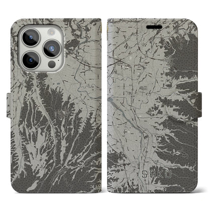 【佐久（長野県）】地図柄iPhoneケース（手帳タイプ）モノトーン・iPhone 15 Pro 用