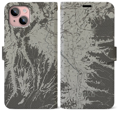 【佐久（長野県）】地図柄iPhoneケース（手帳タイプ）モノトーン・iPhone 15 Plus 用