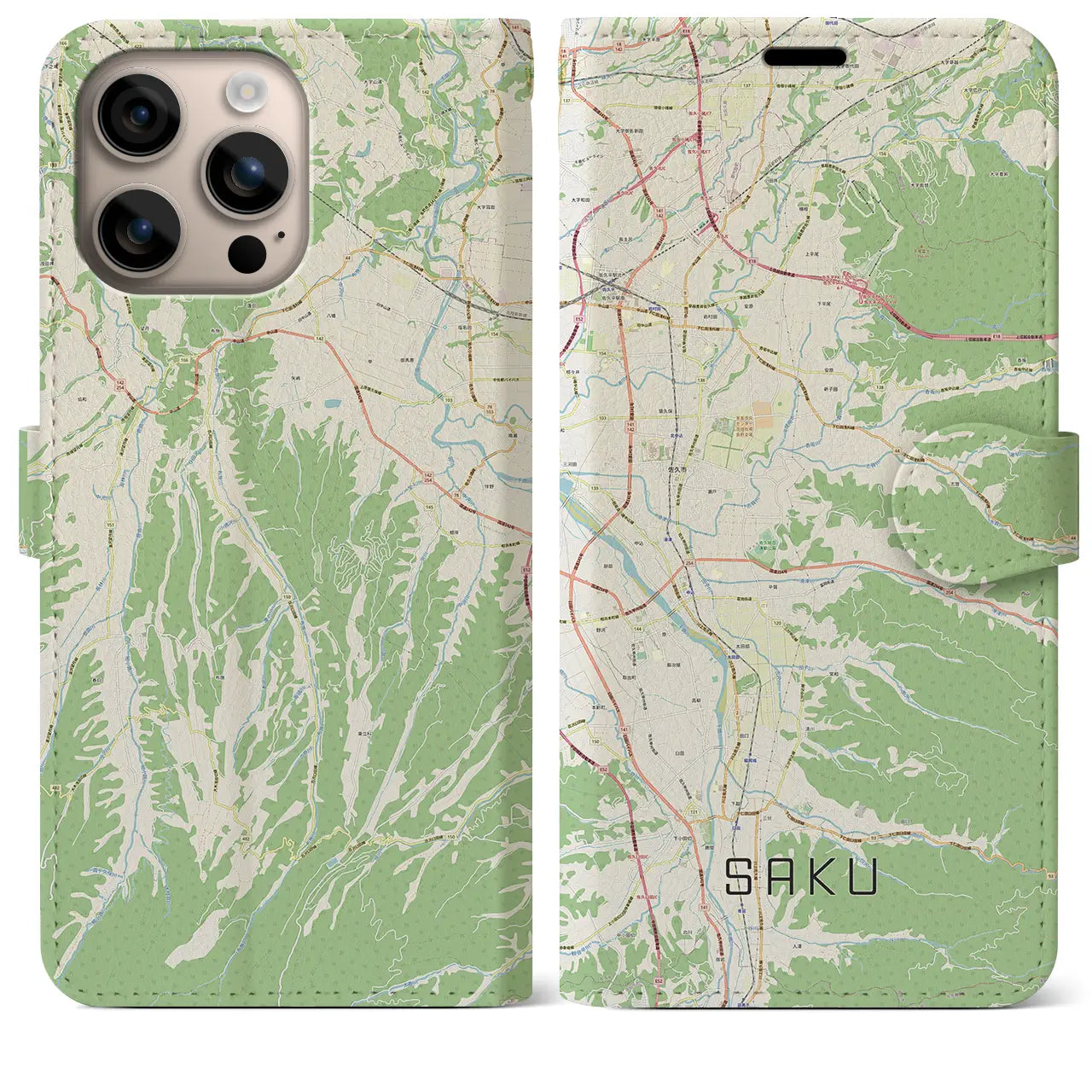 【佐久（長野県）】地図柄iPhoneケース（手帳タイプ）ナチュラル・iPhone 16 Plus 用