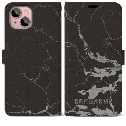 【作並（宮城県）】地図柄iPhoneケース（手帳タイプ）モノトーン・iPhone 15 Plus 用