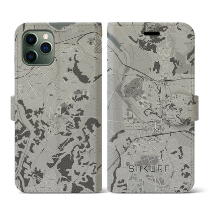 【佐倉（千葉県）】地図柄iPhoneケース（手帳タイプ）モノトーン・iPhone 11 Pro 用