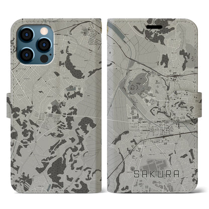 【佐倉（千葉県）】地図柄iPhoneケース（手帳タイプ）モノトーン・iPhone 12 / 12 Pro 用