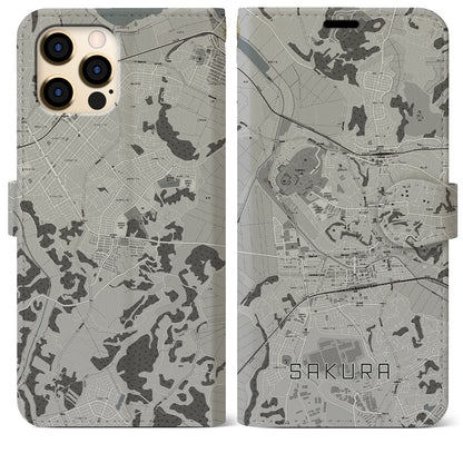 【佐倉（千葉県）】地図柄iPhoneケース（手帳タイプ）モノトーン・iPhone 12 Pro Max 用