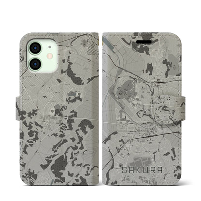 【佐倉（千葉県）】地図柄iPhoneケース（手帳タイプ）モノトーン・iPhone 12 mini 用