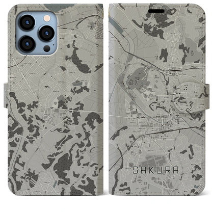 【佐倉（千葉県）】地図柄iPhoneケース（手帳タイプ）モノトーン・iPhone 13 Pro Max 用