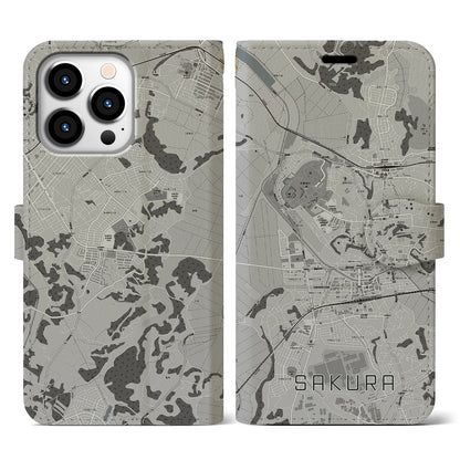 【佐倉（千葉県）】地図柄iPhoneケース（手帳タイプ）モノトーン・iPhone 13 Pro 用