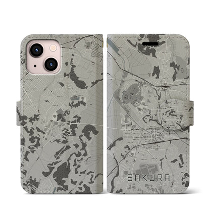 【佐倉（千葉県）】地図柄iPhoneケース（手帳タイプ）モノトーン・iPhone 13 mini 用