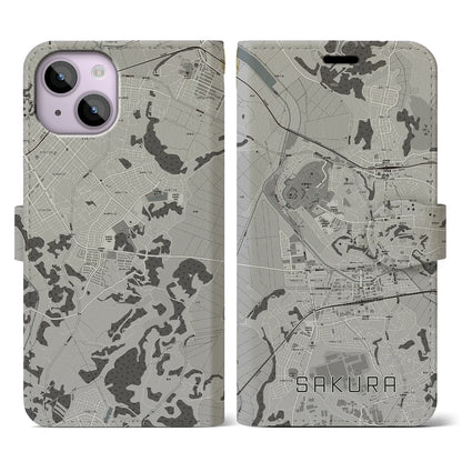 【佐倉（千葉県）】地図柄iPhoneケース（手帳タイプ）モノトーン・iPhone 14 用