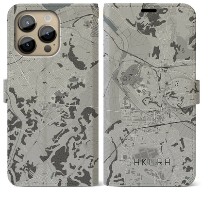 【佐倉（千葉県）】地図柄iPhoneケース（手帳タイプ）モノトーン・iPhone 14 Pro Max 用