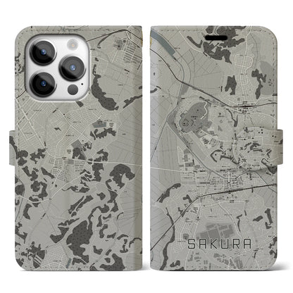 【佐倉（千葉県）】地図柄iPhoneケース（手帳タイプ）モノトーン・iPhone 14 Pro 用