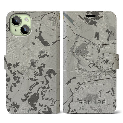 【佐倉（千葉県）】地図柄iPhoneケース（手帳タイプ）モノトーン・iPhone 15 用