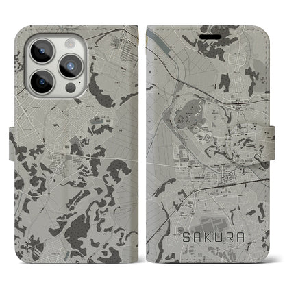 【佐倉（千葉県）】地図柄iPhoneケース（手帳タイプ）モノトーン・iPhone 15 Pro 用