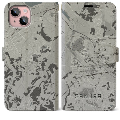 【佐倉（千葉県）】地図柄iPhoneケース（手帳タイプ）モノトーン・iPhone 15 Plus 用