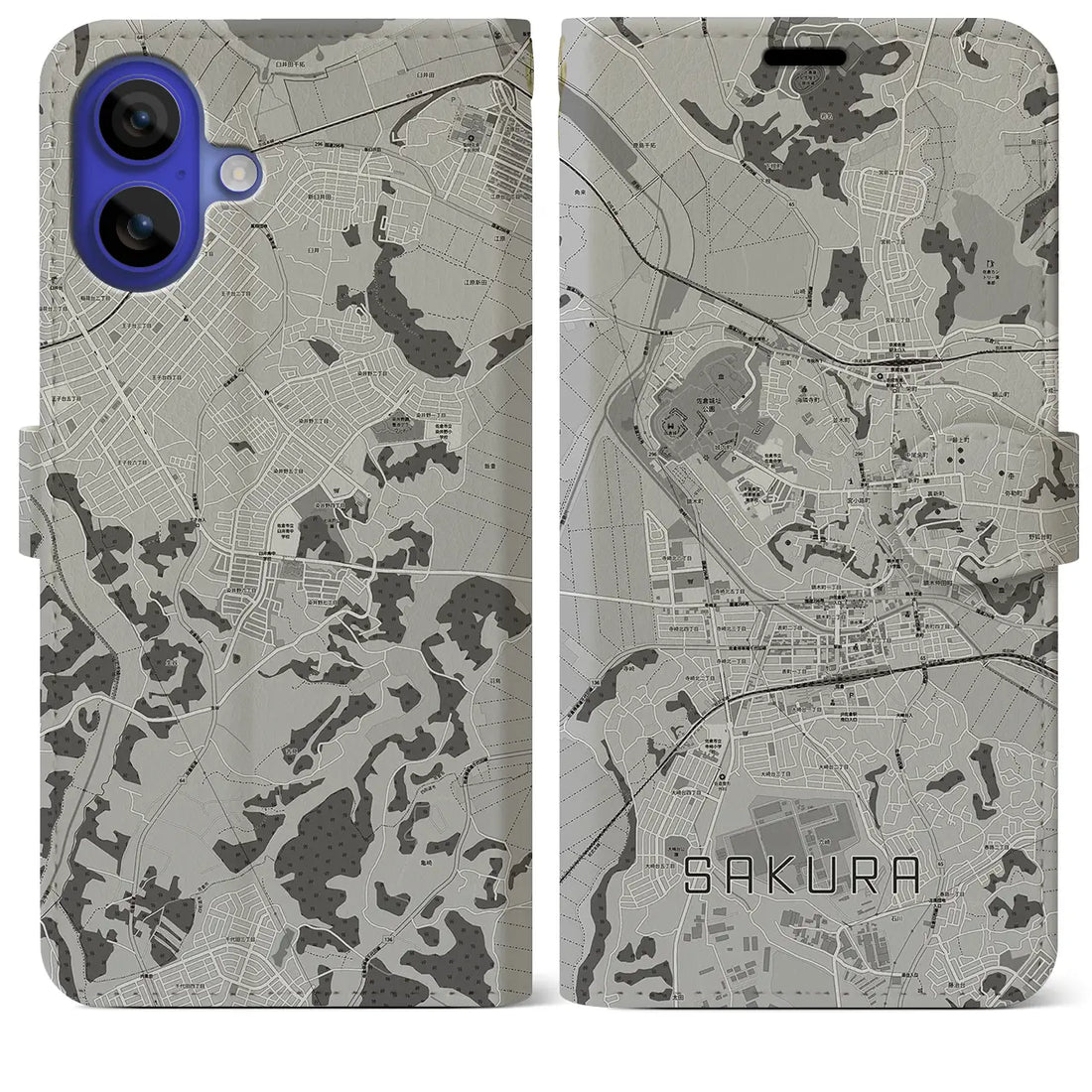 【佐倉(千葉県)】地図柄iPhoneケース(手帳タイプ)モノトーン・iPhone 16 Pro Max 用