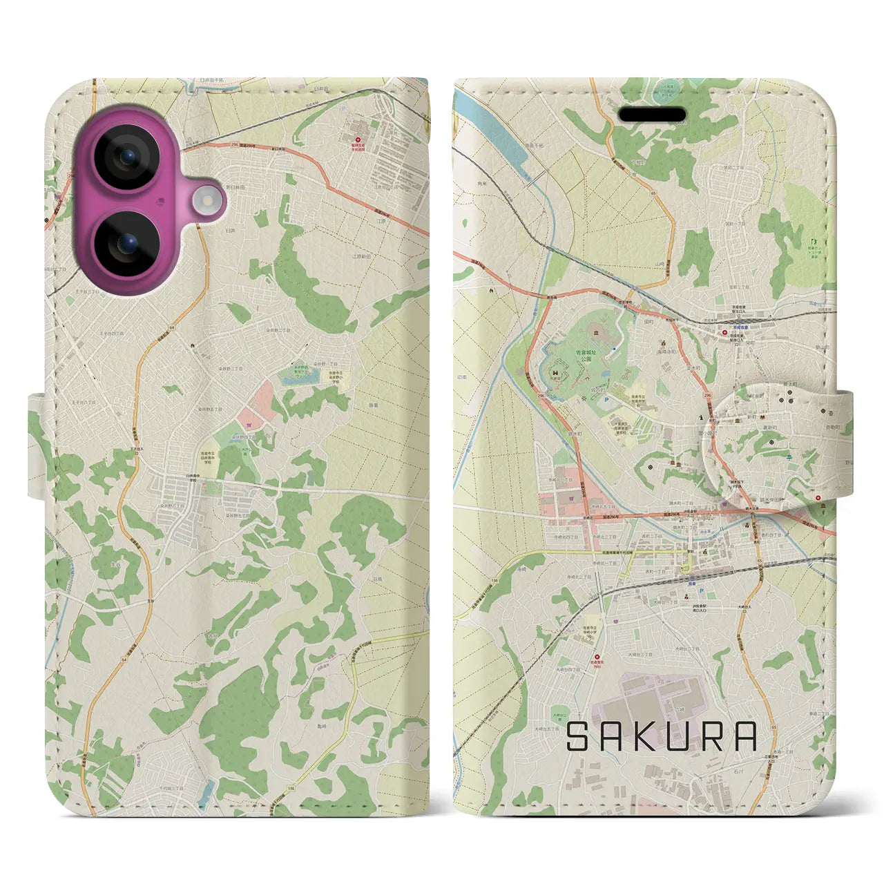 【佐倉（千葉県）】地図柄iPhoneケース（手帳タイプ）ナチュラル・iPhone 16 Pro 用