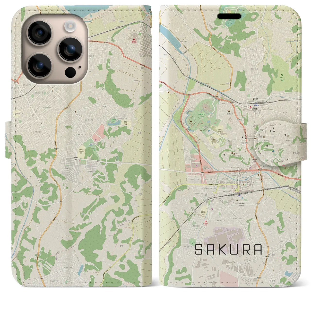 【佐倉（千葉県）】地図柄iPhoneケース（手帳タイプ）ナチュラル・iPhone 16 Plus 用