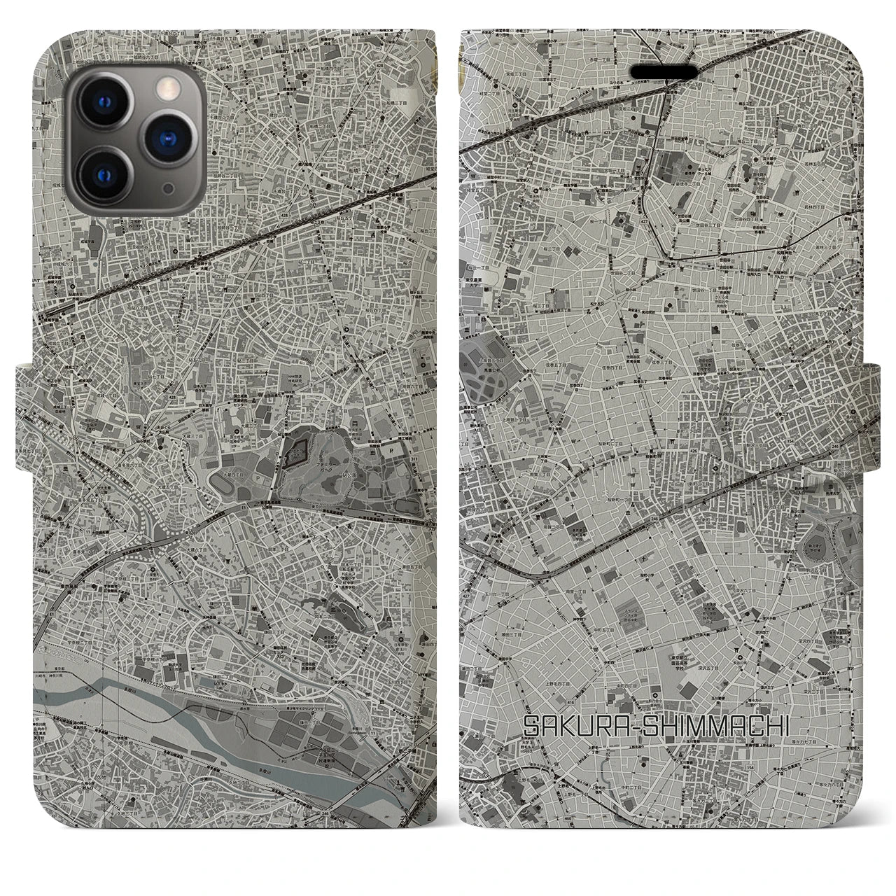 【桜新町】地図柄iPhoneケース（手帳両面タイプ・モノトーン）iPhone 11 Pro Max 用
