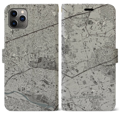 【桜新町（東京都）】地図柄iPhoneケース（手帳タイプ）モノトーン・iPhone 11 Pro Max 用
