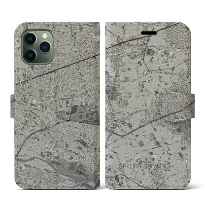 【桜新町（東京都）】地図柄iPhoneケース（手帳タイプ）モノトーン・iPhone 11 Pro 用