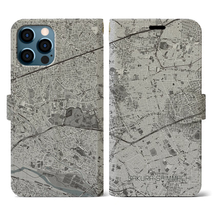 【桜新町（東京都）】地図柄iPhoneケース（手帳タイプ）モノトーン・iPhone 12 / 12 Pro 用