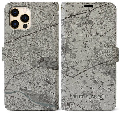 【桜新町（東京都）】地図柄iPhoneケース（手帳タイプ）モノトーン・iPhone 12 Pro Max 用