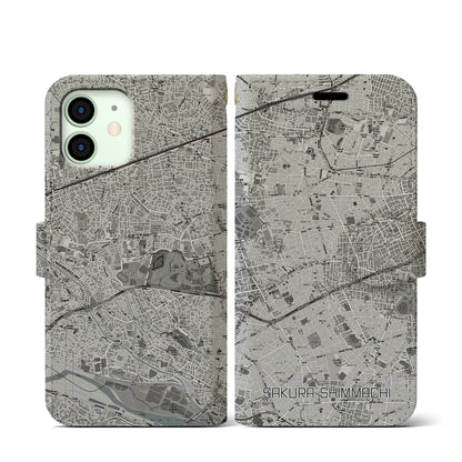 【桜新町（東京都）】地図柄iPhoneケース（手帳タイプ）モノトーン・iPhone 12 mini 用