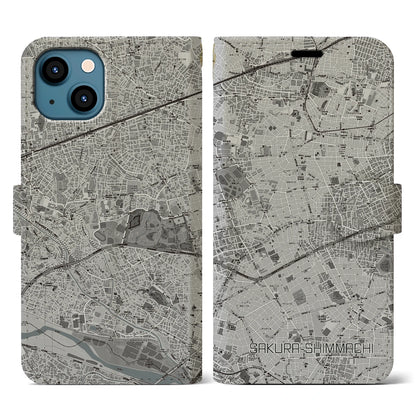 【桜新町（東京都）】地図柄iPhoneケース（手帳タイプ）モノトーン・iPhone 13 用