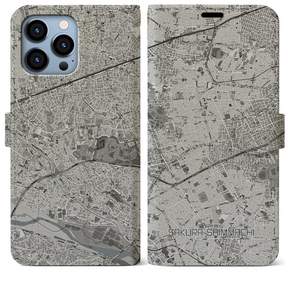 【桜新町（東京都）】地図柄iPhoneケース（手帳タイプ）モノトーン・iPhone 13 Pro Max 用