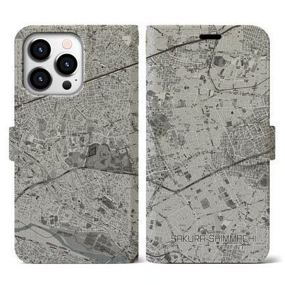 【桜新町（東京都）】地図柄iPhoneケース（手帳タイプ）モノトーン・iPhone 13 Pro 用