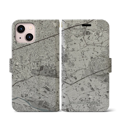 【桜新町（東京都）】地図柄iPhoneケース（手帳タイプ）モノトーン・iPhone 13 mini 用