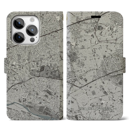 【桜新町（東京都）】地図柄iPhoneケース（手帳タイプ）モノトーン・iPhone 14 Pro 用