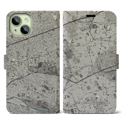 【桜新町（東京都）】地図柄iPhoneケース（手帳タイプ）モノトーン・iPhone 15 用