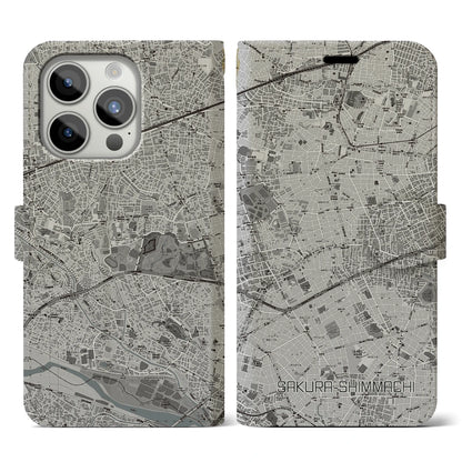 【桜新町（東京都）】地図柄iPhoneケース（手帳タイプ）モノトーン・iPhone 15 Pro 用