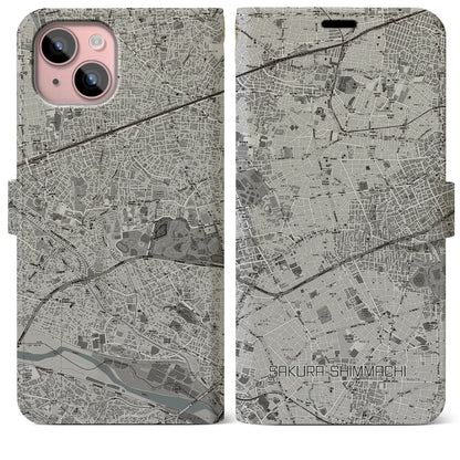 【桜新町（東京都）】地図柄iPhoneケース（手帳タイプ）モノトーン・iPhone 15 Plus 用